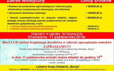 Nabór wniosków o przyznanie pomocy 2-4/2019 na wdrażanie operacji przez podmioty inne niż LGD w ramach LSR 2014 – 2020 realizowanej  w ramach poddziałania 19.2.