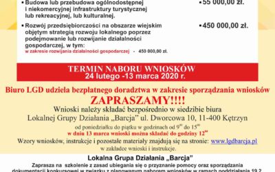 Nabór wniosków o przyznanie pomocy 1-2/2020 na wdrażanie operacji przez podmioty inne niż LGD w ramach LSR 2014 – 2020 realizowanej w ramach poddziałania 19.2.